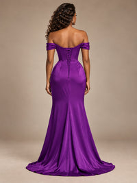 Burgundy Off-the-Shoulder Satin Corset Prom Dress with Slit