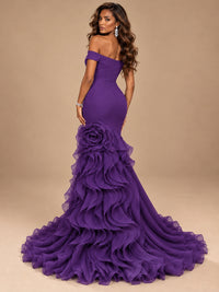 Dusty Blue Off-the-Shoulder Mermaid Prom Dress with 3D Rose & Ruffles