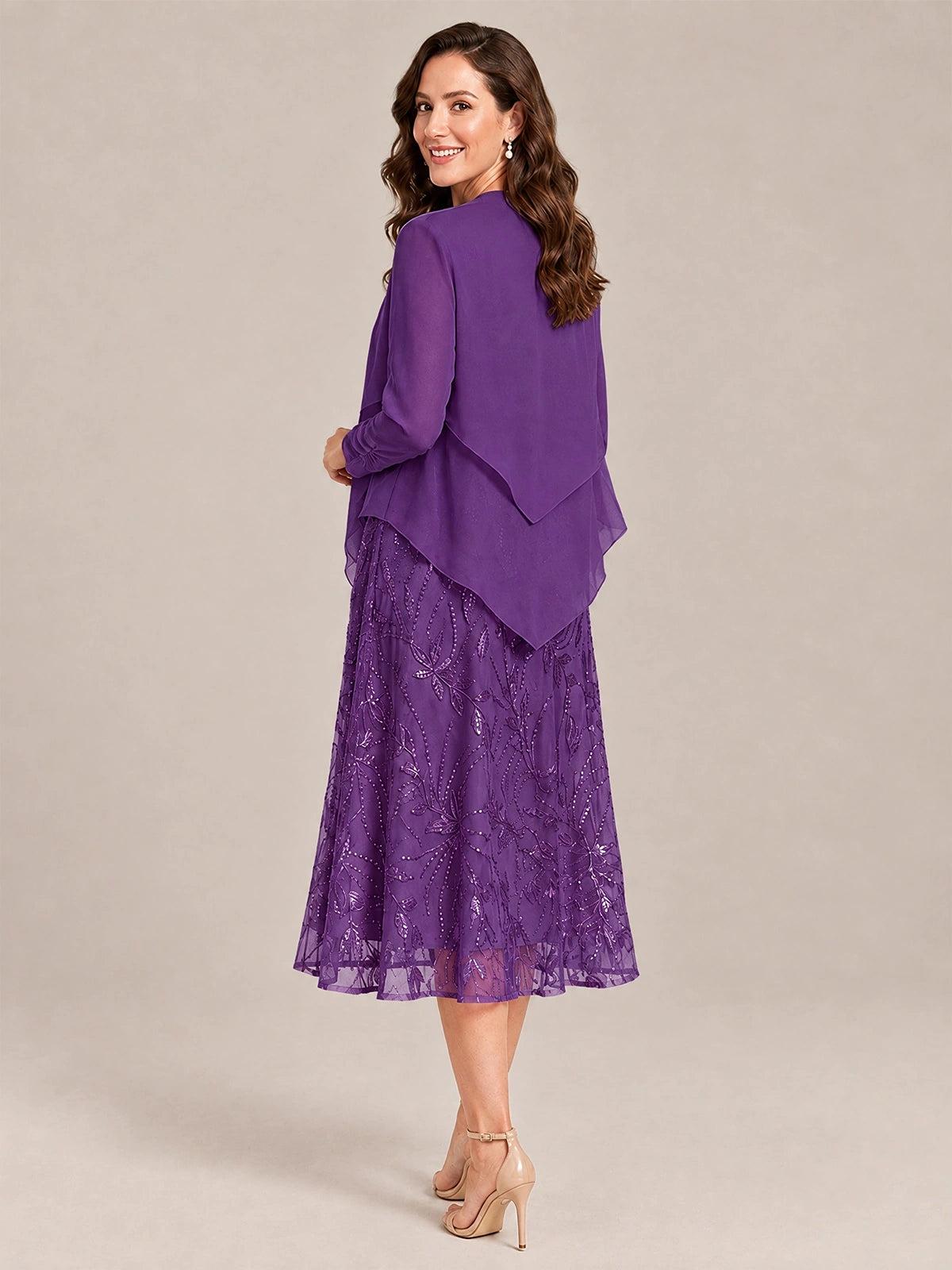Tea Length Sequin Lace Mother of the Bride Dress with Chiffon Jacket