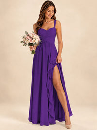 Spaghetti Straps Pleated Chiffon Bridesmaid Dress with Ruffle Slit