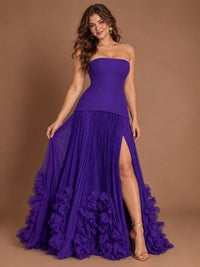 Strapless Pleated Floral Satin Formal Dress with Side Slit