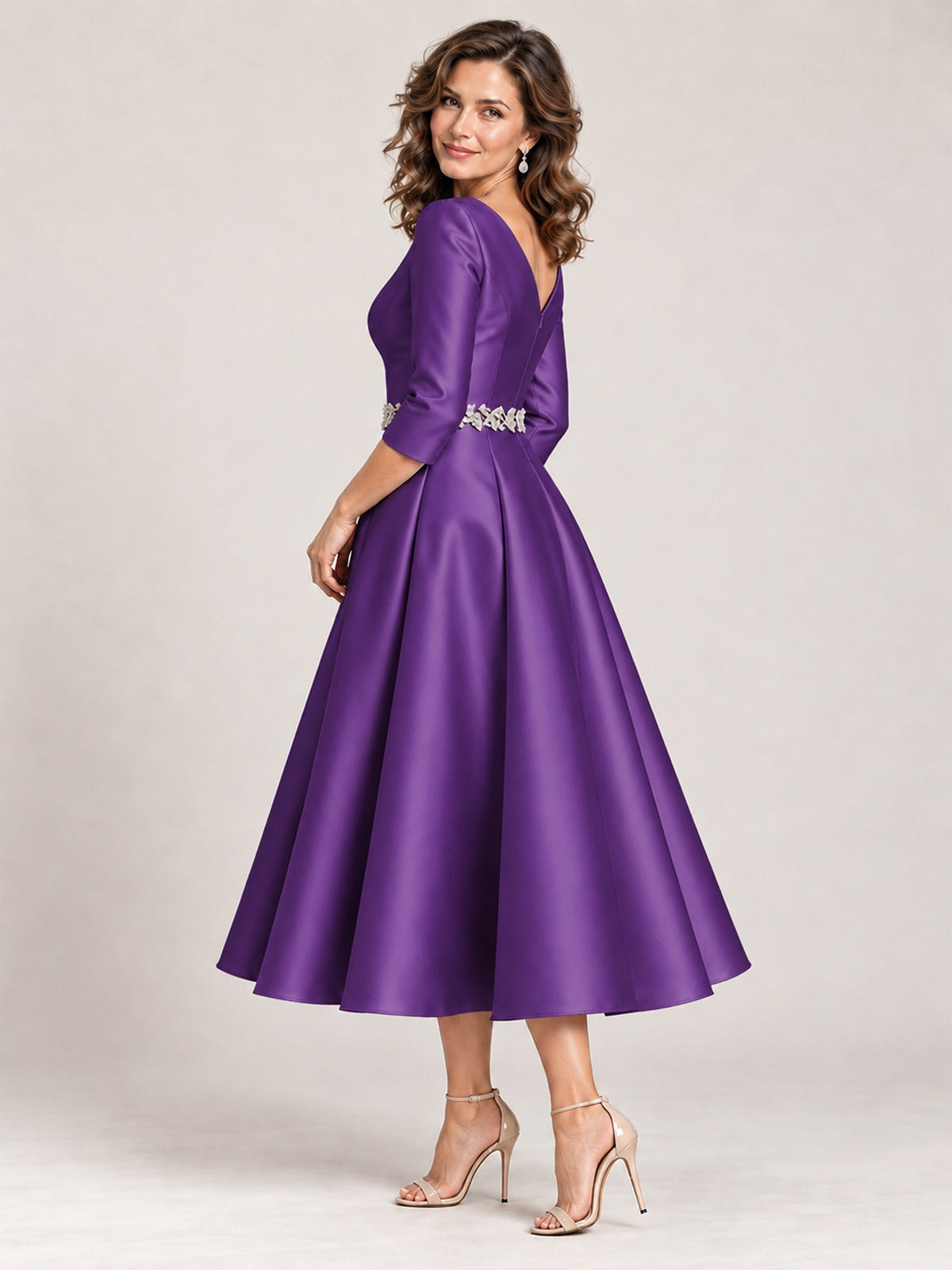 V-Neck Tea-Length Mother of the Bride Dress with Embellished Waist