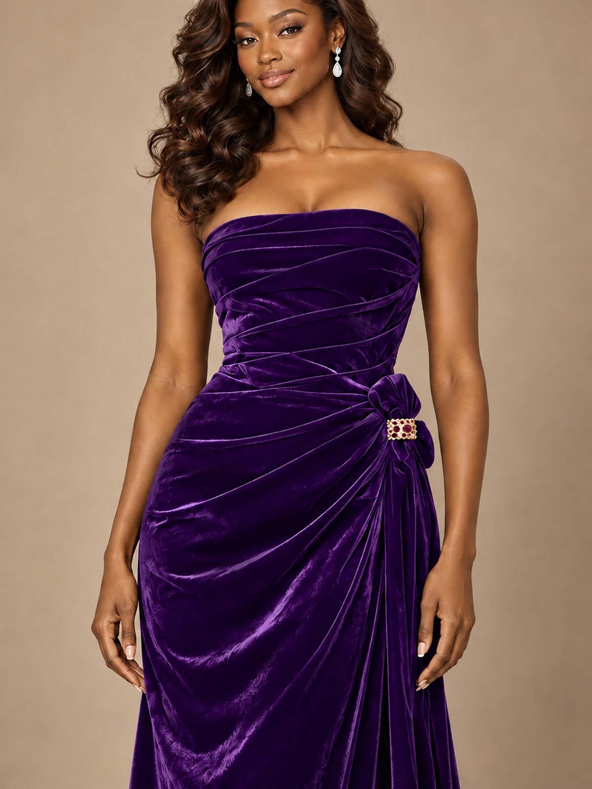 Burgundy Velvet Strapless Ruched Prom Dress with Jeweled Side Drape