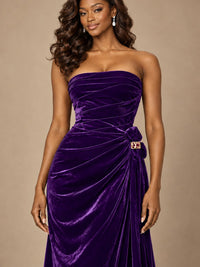 Burgundy Velvet Strapless Ruched Prom Dress with Jeweled Side Drape