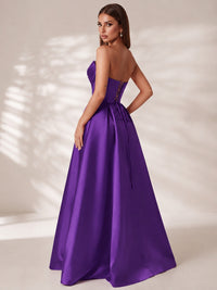 Strapless Corset Satin Prom Dress Long Evening Gown with High Slit