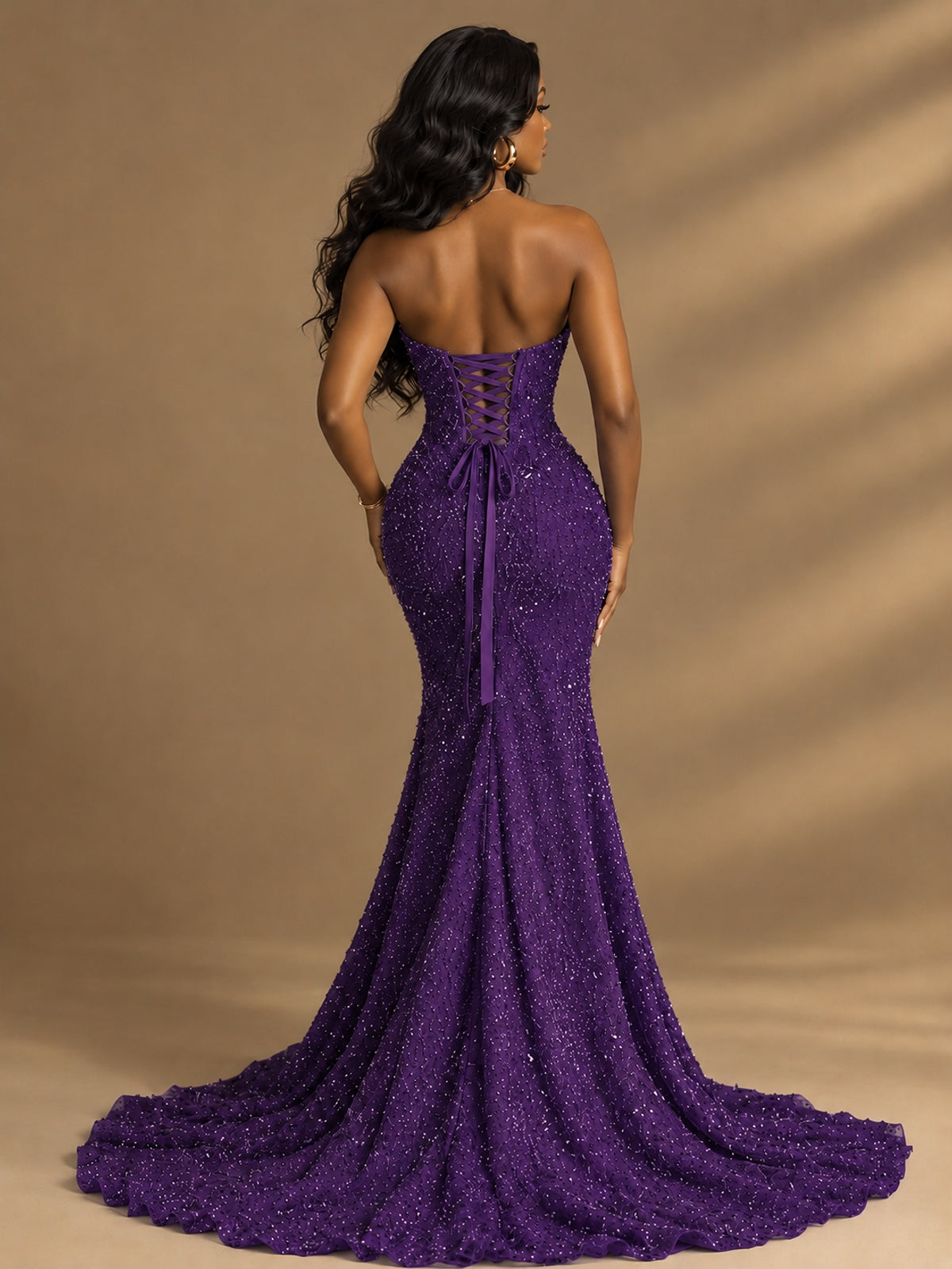 Beaded Sequin Prom Dress Strapless Formal Gowns with High Slit Train
