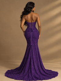Beaded Sequin Prom Dress Strapless Formal Gowns with High Slit Train