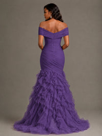 Pink Off-the-Shoulder Mermaid Prom Dress with Ruffles 3D Flowers