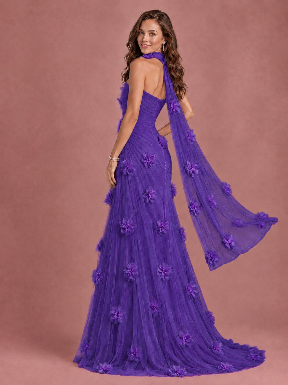 Blush Pink Strapless Sweetheart 3D Floral Tulle Mermaid Prom Dress