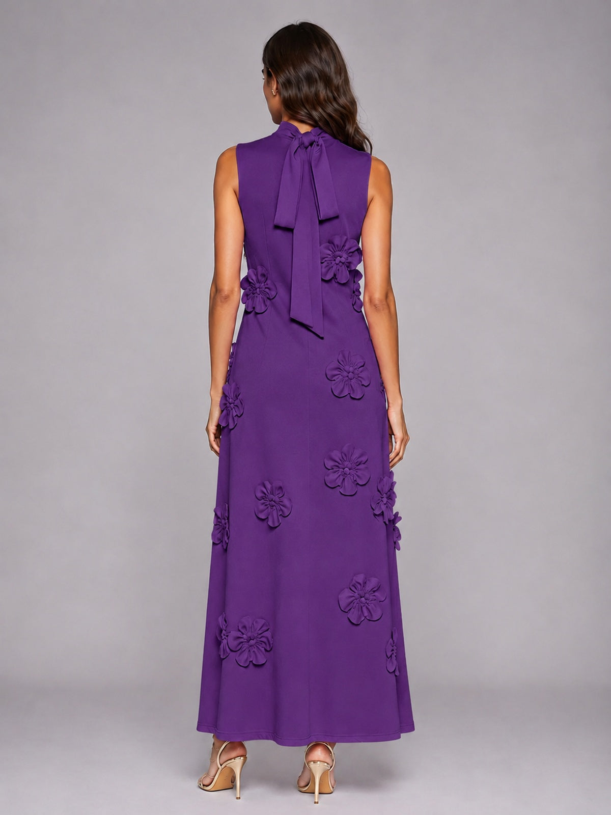 3D Floral Applique High Neck Prom Maxi Dress