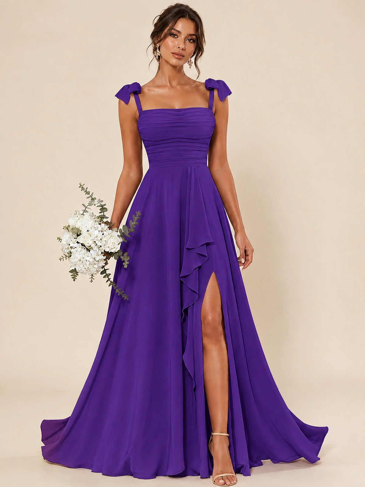 Ruffle Slit Chiffon A Line Scoop Neck Bridesmaid Dresses with Pockets
