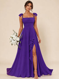 Ruffle Slit Chiffon A Line Scoop Neck Bridesmaid Dresses with Pockets