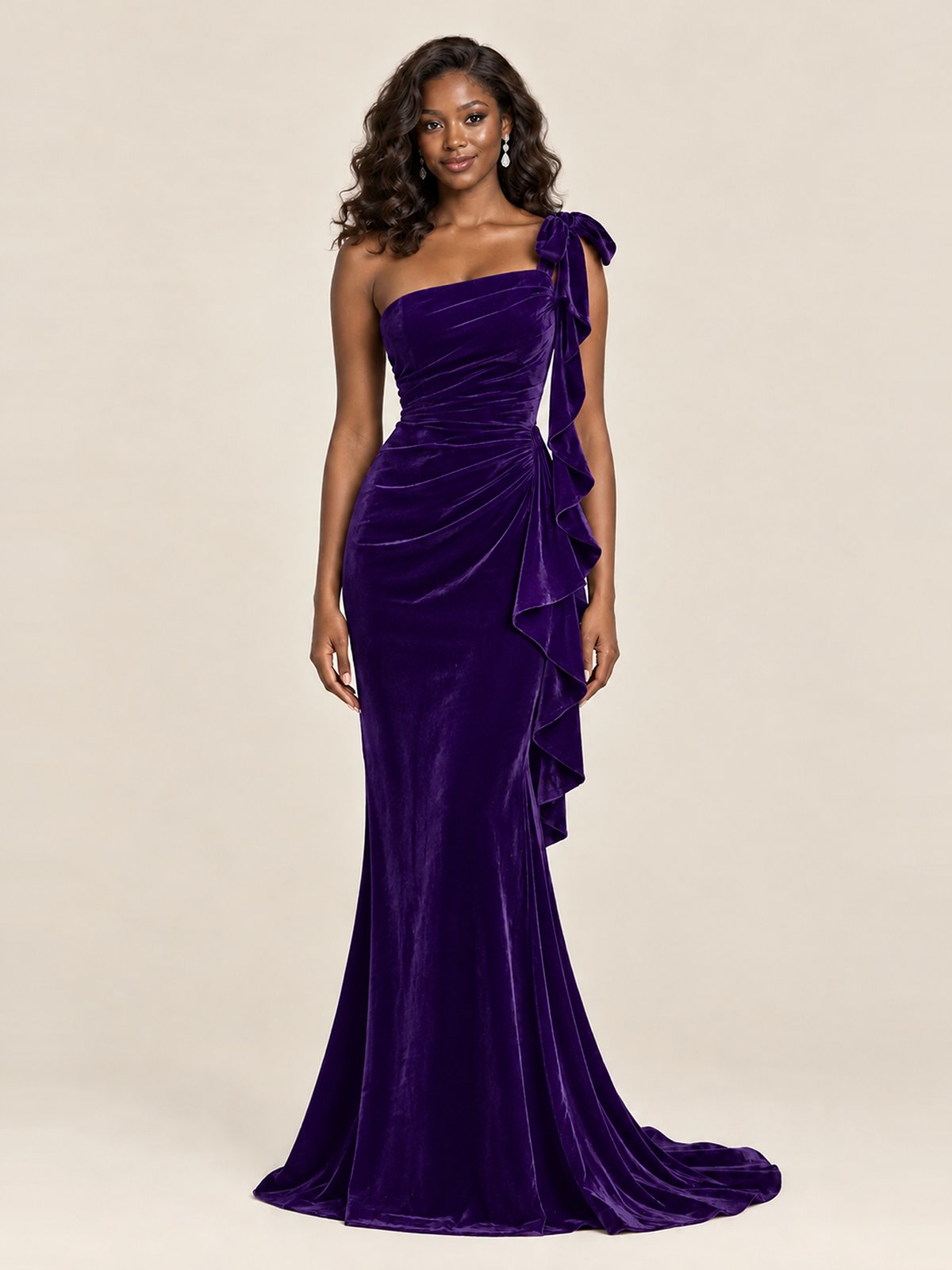 Black Velvet One-Shoulder Mermaid Evening Gown with Bow & Ruffles