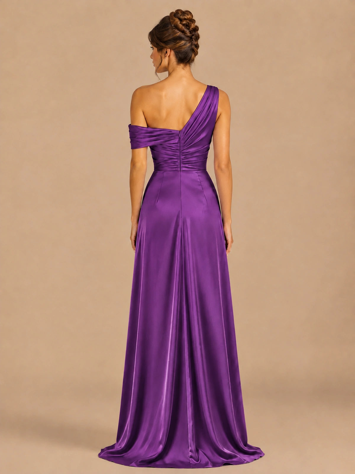 Satin One Shoulder Prom Dress Ruched Long Formal Evening Gown