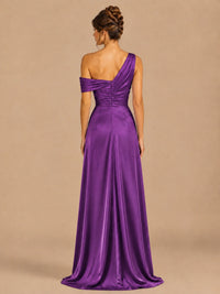 Satin One Shoulder Prom Dress Ruched Long Formal Evening Gown