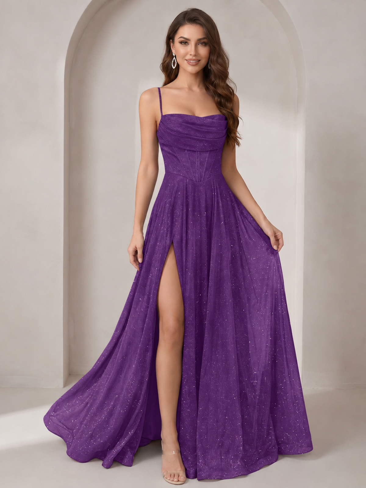 Sparkly Cowl Neck Corset Long Prom Dress with Slit A-line Tulle Ball Gown