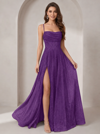 Sparkly Cowl Neck Corset Long Prom Dress with Slit A-line Tulle Ball Gown