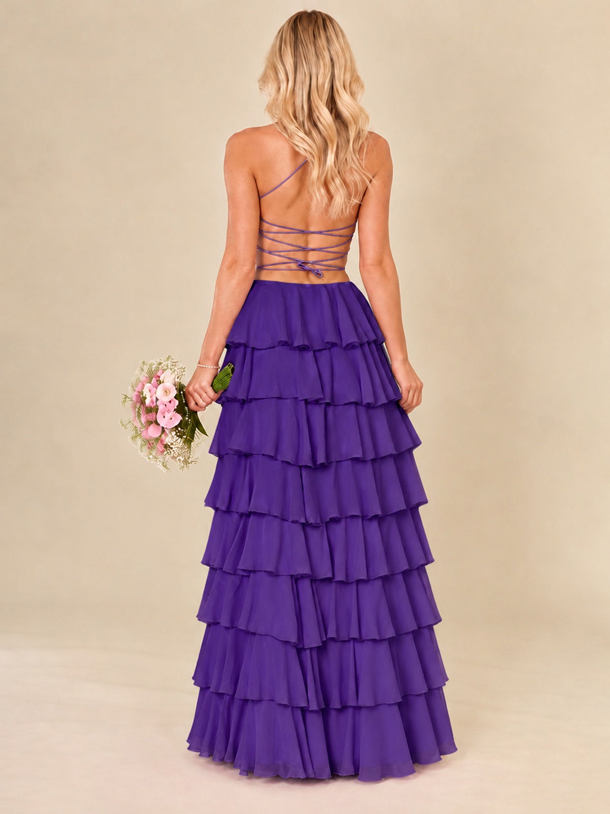Ruffled Tiered Chiffon Prom Dress Spaghetti Straps Formal Maxi Dress with Slit