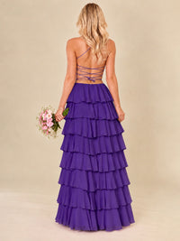 Ruffled Tiered Chiffon Prom Dress Spaghetti Straps Formal Maxi Dress with Slit