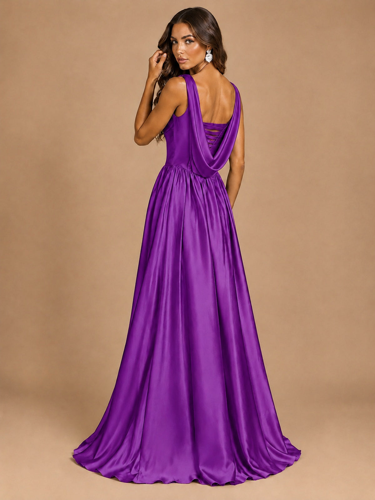 Cowl Neck Pleated Satin Prom Dress with Pockets & Slit Maxi Formal Gowns