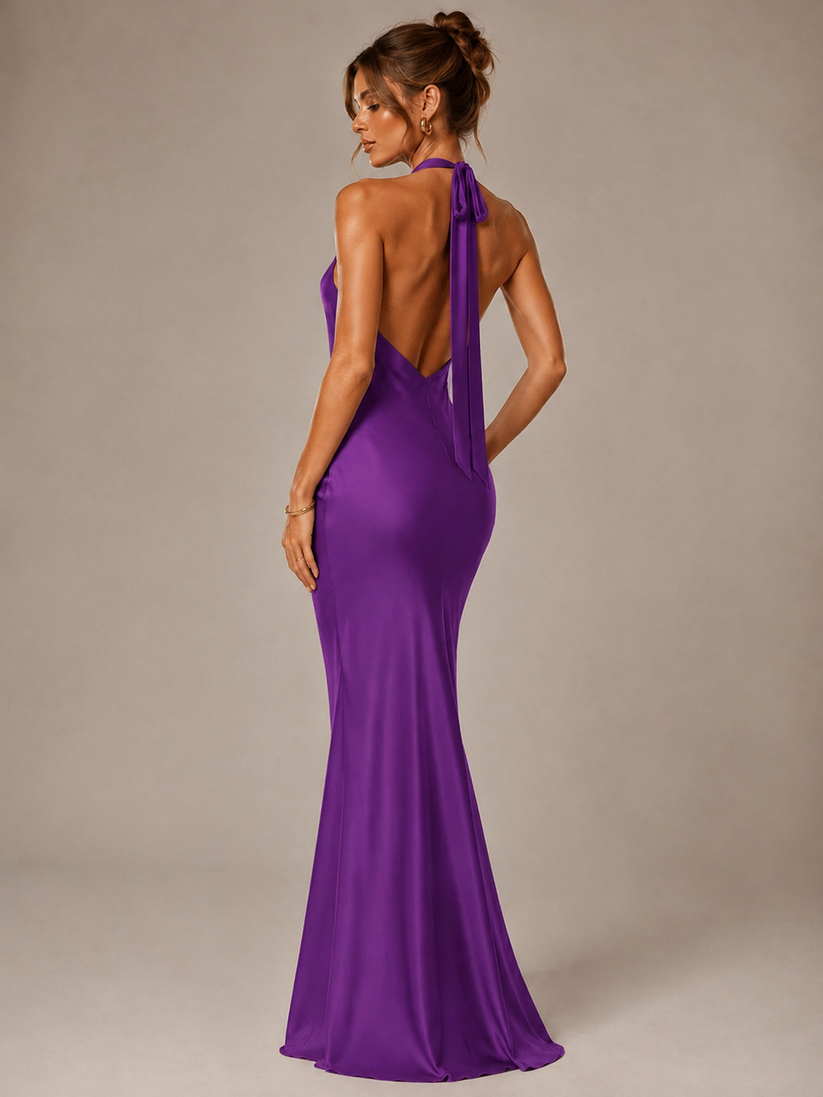 Olive Green Halter Satin Mermaid Maxi Dress