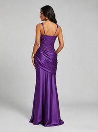 Scoop Neck Sequin Prom Dress with High Slit Satin Formal Gowns
