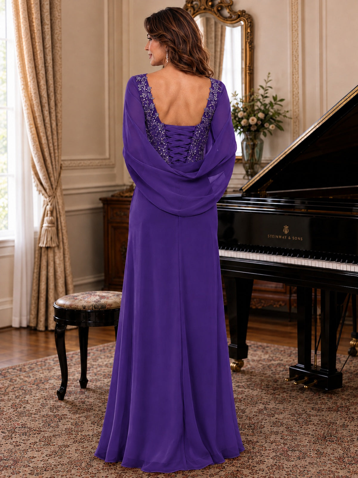 Elegant Applique Chiffon Mother of the Bride Dress with Cape Sleeves
