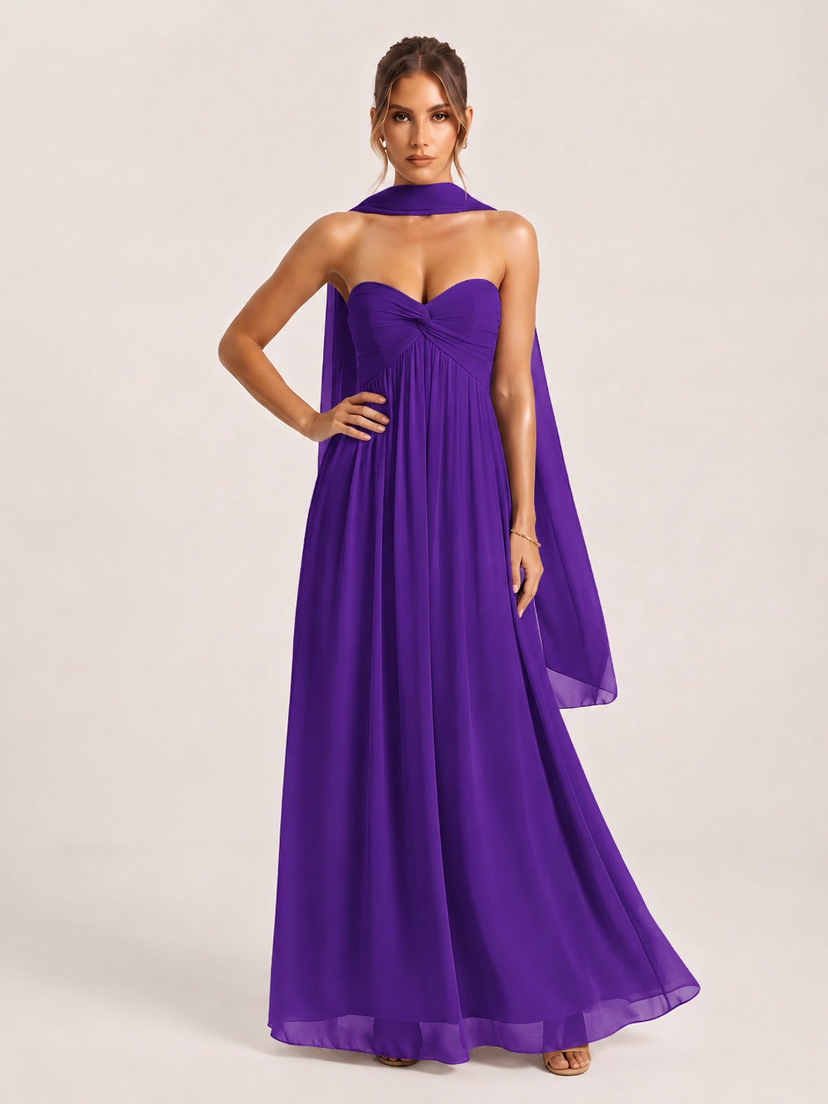 Strapless Ruched Chiffon Long Prom Dress with Scarf