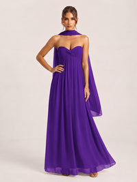 Strapless Ruched Chiffon Long Prom Dress with Scarf