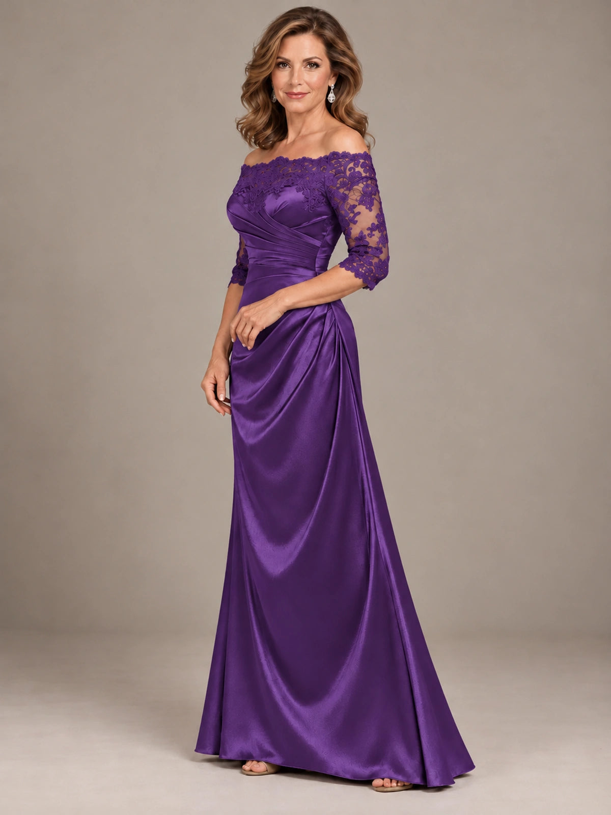 Satin Mother of the Bride Dress with Lace Sleeves Off Shoulder Formal Gown