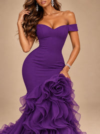 Dusty Blue Off-the-Shoulder Mermaid Prom Dress with 3D Rose & Ruffles