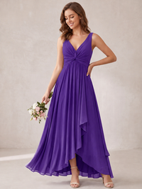 V-Neck High-Low Chiffon Bridesmaid Dress with Ruffles