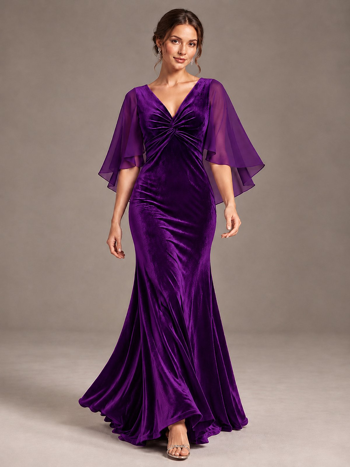 Navy Blue Velvet V Neck Mermaid Formal Dress with Flutter Cape Sleeves