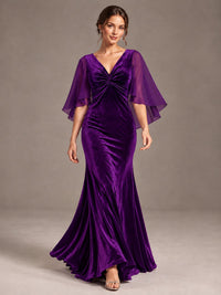 Navy Blue Velvet V Neck Mermaid Formal Dress with Flutter Cape Sleeves