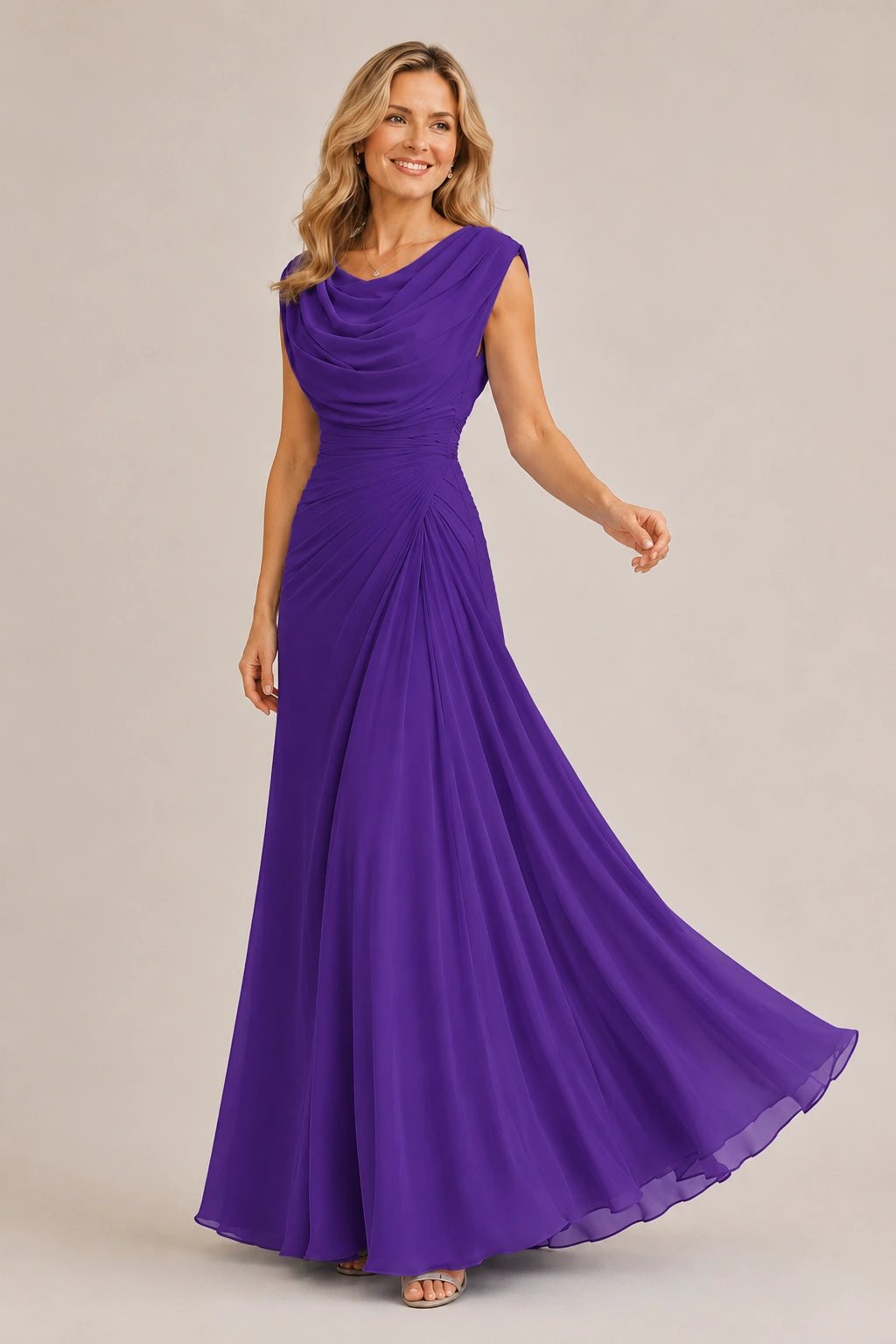 Cowl Neck Ruched Chiffon Mother of the Bride Dress