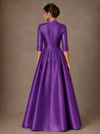 V-Neck Pleated Satin Mother of the Bride Gown with 3/4 Sleeves