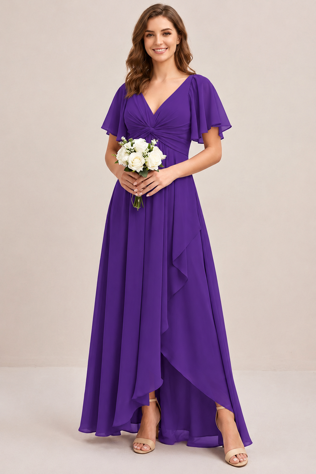 Dusty Blue Chiffon Bridesmaid Dress with Flutter Sleeves & High-Low Hem