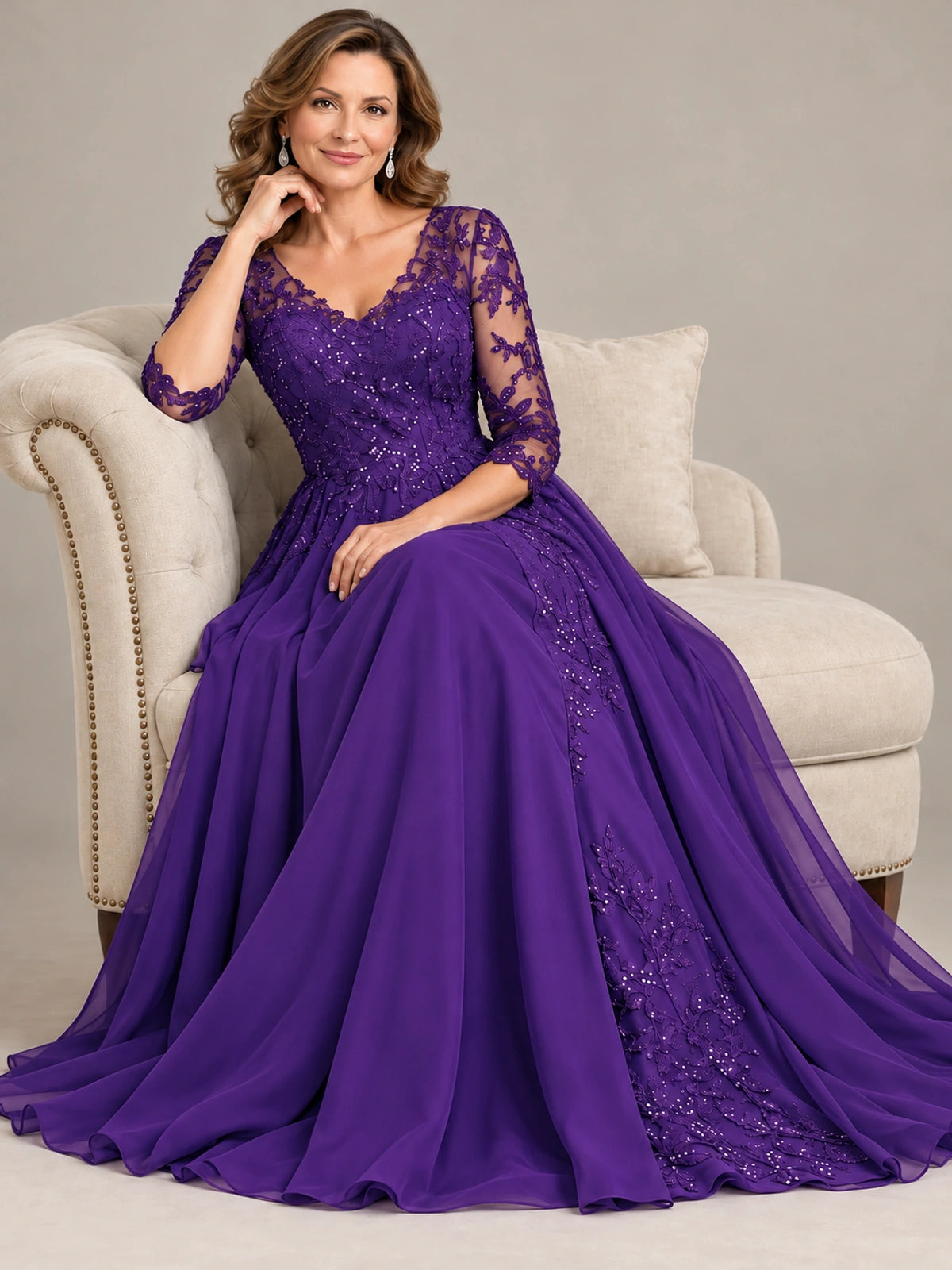 Sequin Lace A-Line Mother of the Bride Dress with 3/4 Sleeves