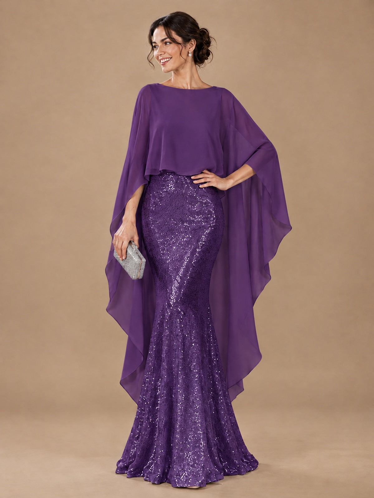 Sequin 2 Pieces Mother of the Bride Dress with Cap Sleeves Chiffon Formal Gowns