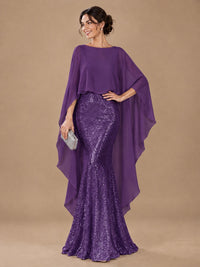 Sequin 2 Pieces Mother of the Bride Dress with Cap Sleeves Chiffon Formal Gowns