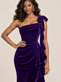Black Velvet One-Shoulder Mermaid Evening Gown with Bow & Ruffles