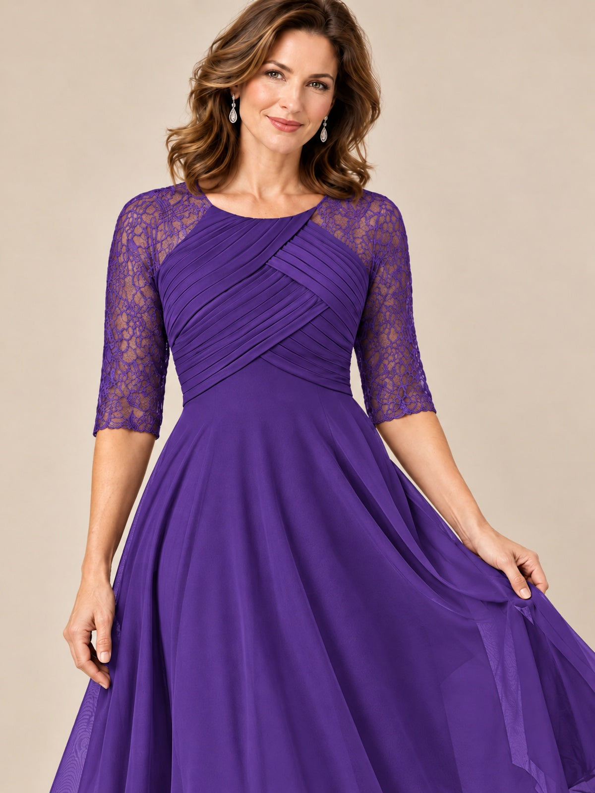 Tea-Length Mother of the Bride Dress with Lace 3/4 Sleeves