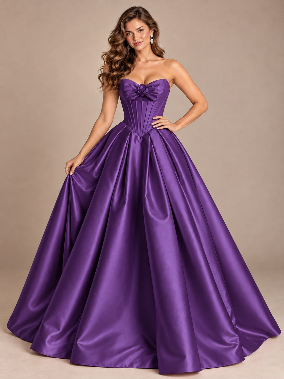 Pink Strapless Corset Satin Prom Derss & Ball Gown with 3D Floral