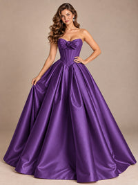 Pink Strapless Corset Satin Prom Derss & Ball Gown with 3D Floral