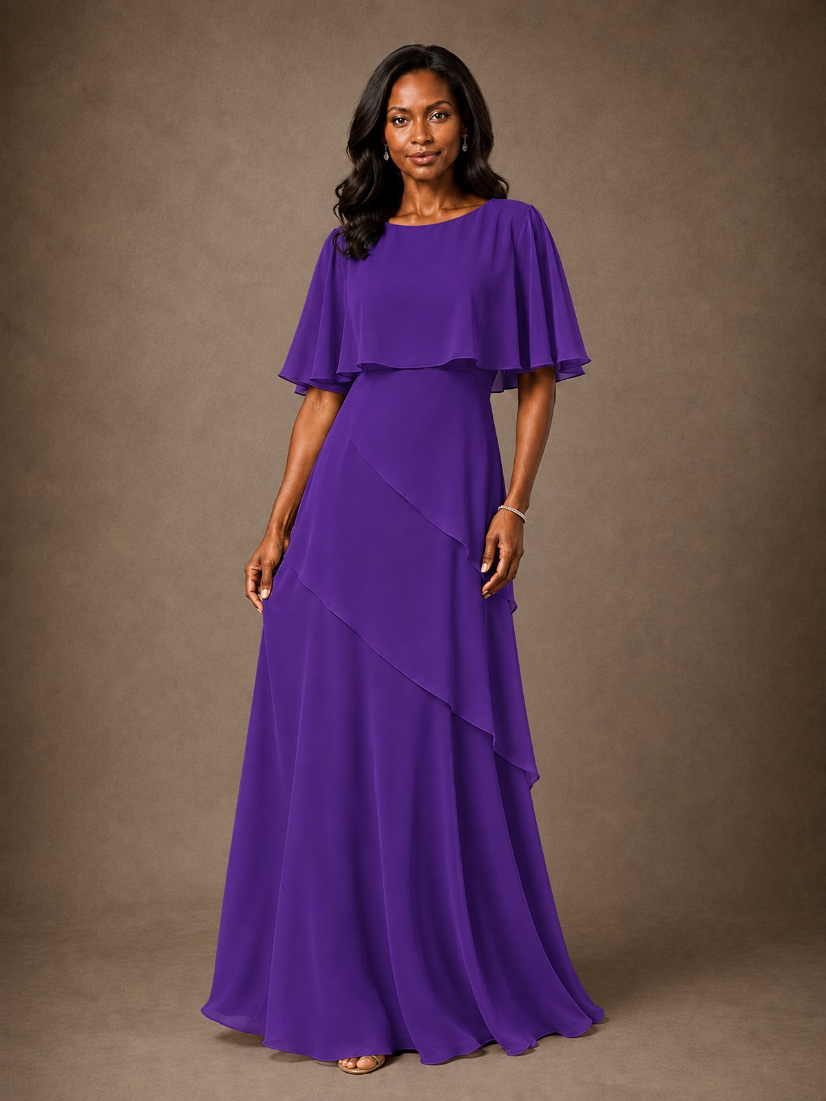 Taupe Chiffon A-Line Mother of the Bride Dress with Cape Sleeves