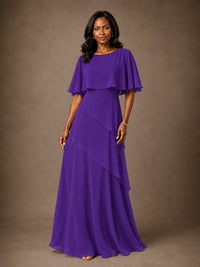 Taupe Chiffon A-Line Mother of the Bride Dress with Cape Sleeves