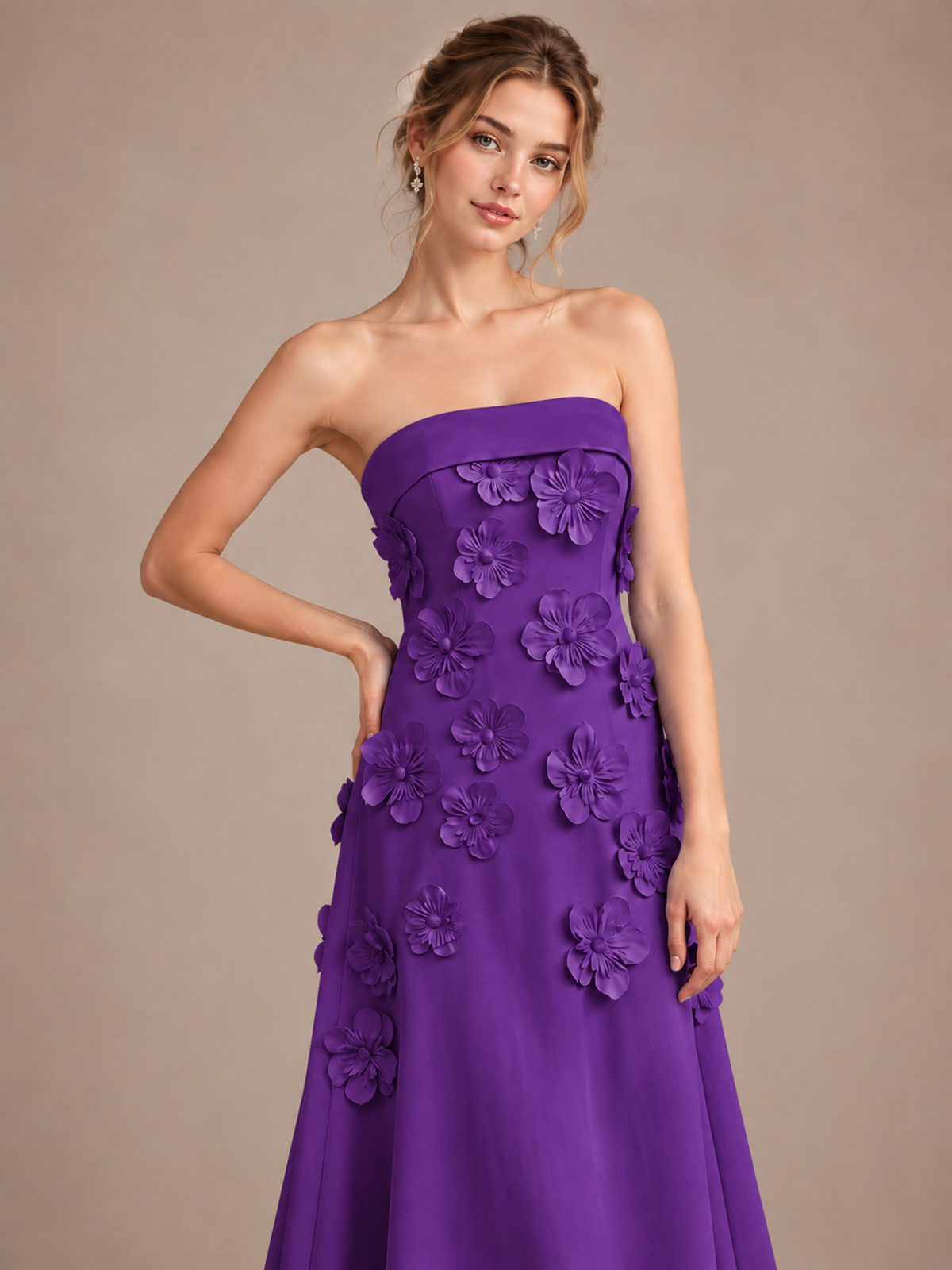 Yellow Strapless 3D Floral Appliques Maxi Dress
