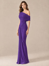 Elegant Draped Off Shoulder Ruched Mermaid Chiffon Formal Evening Gown