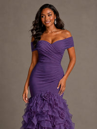 Pink Off-the-Shoulder Mermaid Prom Dress with Ruffles 3D Flowers