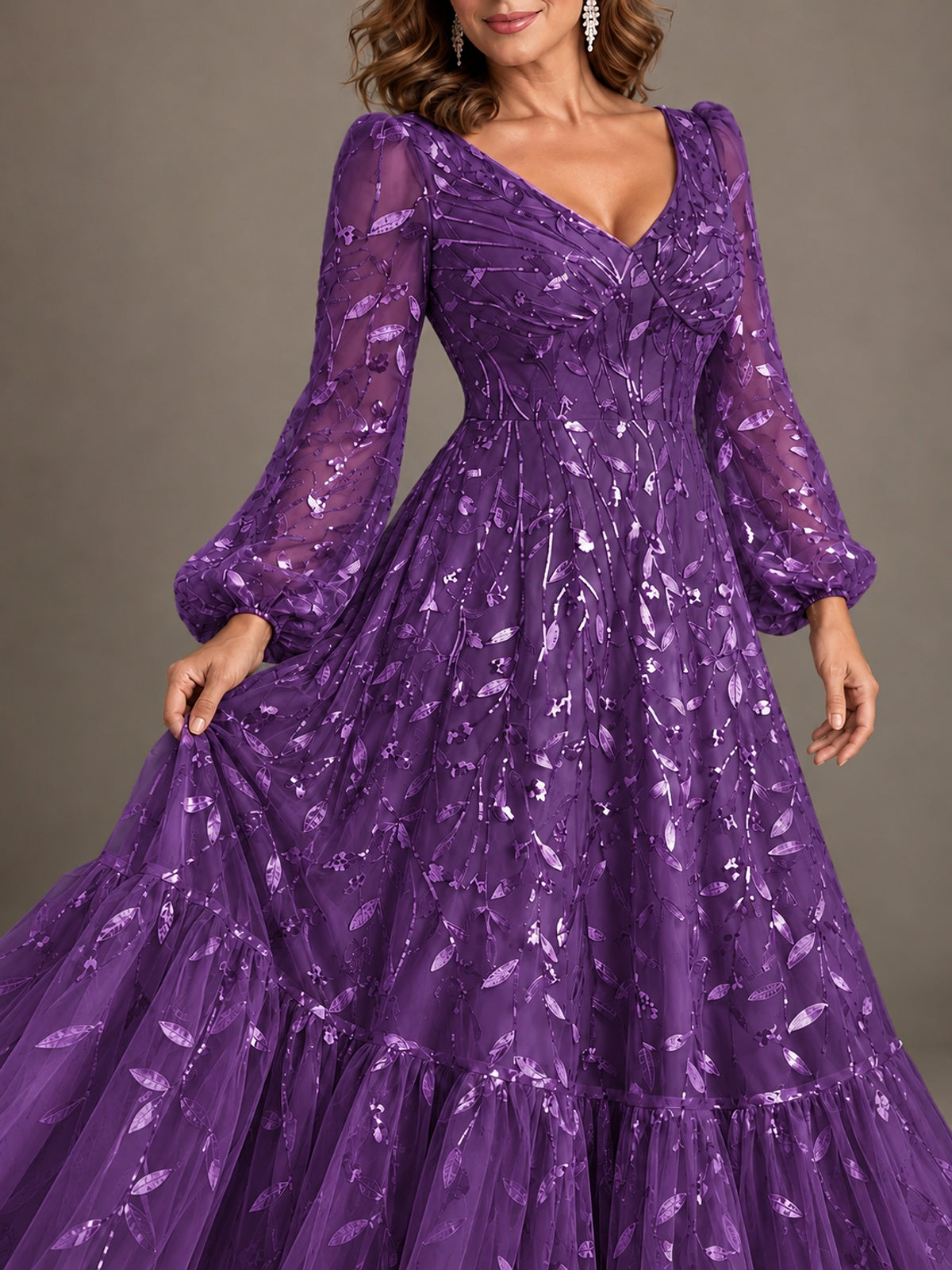 Floral Sequin Embroidered A-Line Mother of the Bride Dress with Long Sleeves